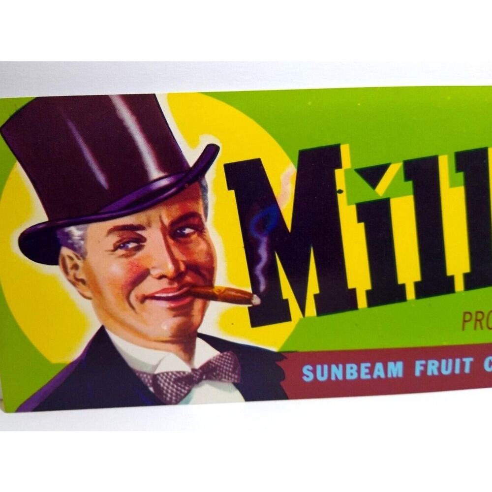 Millionaire Crate Label Top Hat Man Cigar Bow Tie 1960s Vintage Table Grapes